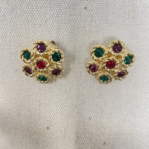 Vintage Swarovski Gold Tone Clip-On Earrings Red Green‎ Crystals Classic Elegant - Picture 5 of 8